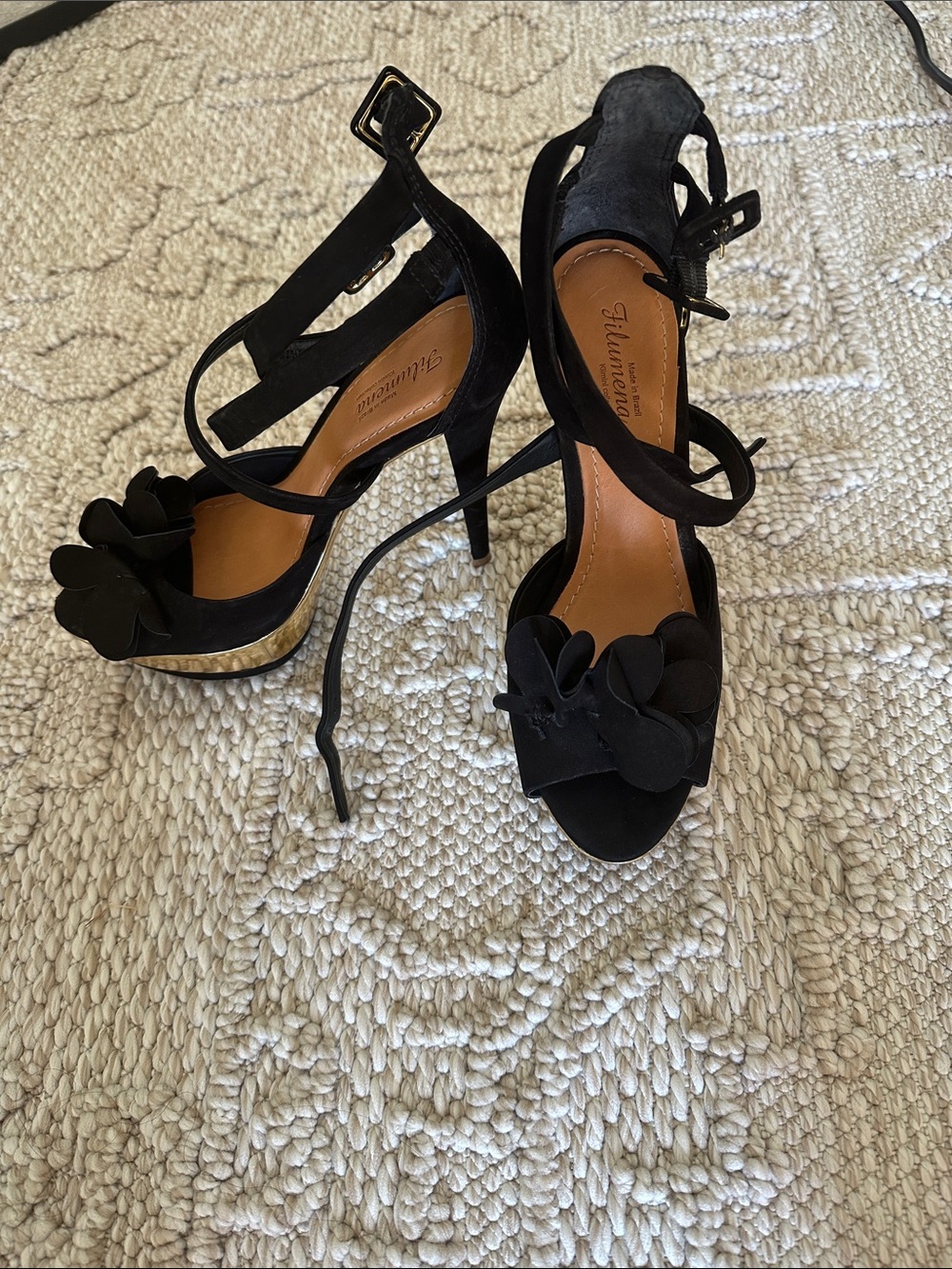Black Floral Suede Platform Ankle-Strap Heels by Filipenna